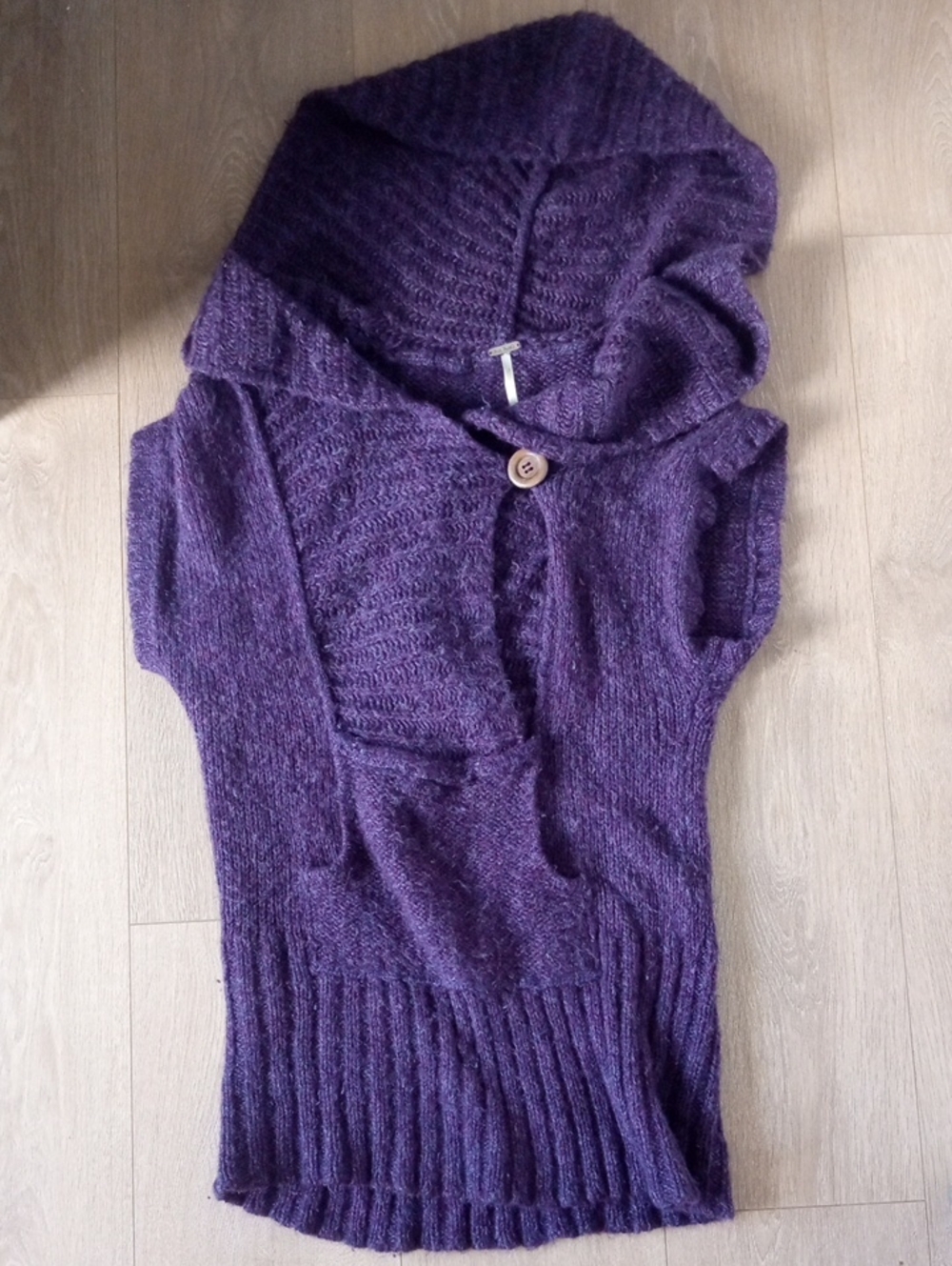 Free People Deep Purple Hooded Short-Sleeve Knit Sweater